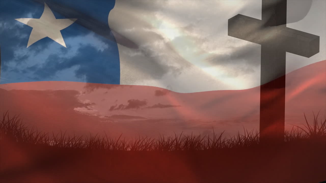 Chilean flag waving with cross silhouette and animation against cloudy sky