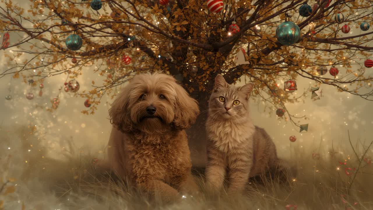 Zooming camera bringing dog and tabby cat into focus in autumn clearing, with string lights