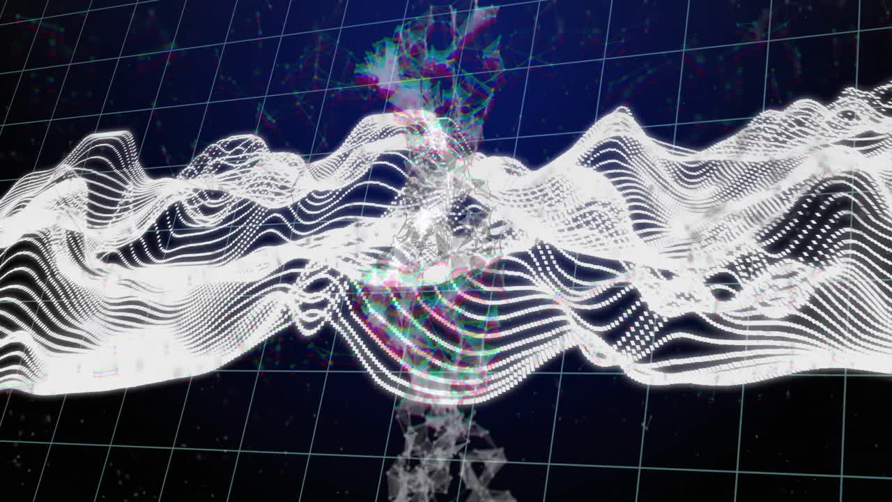 Floating white dotted waveform above perspective grid, emitting mesh clusters and glitch particles