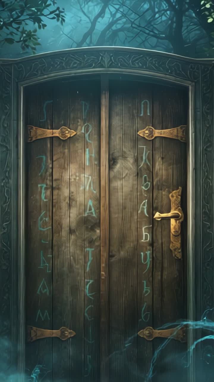 Vertical video: Runes pulsing double door swinging open in arch, with swirling mist and white beam