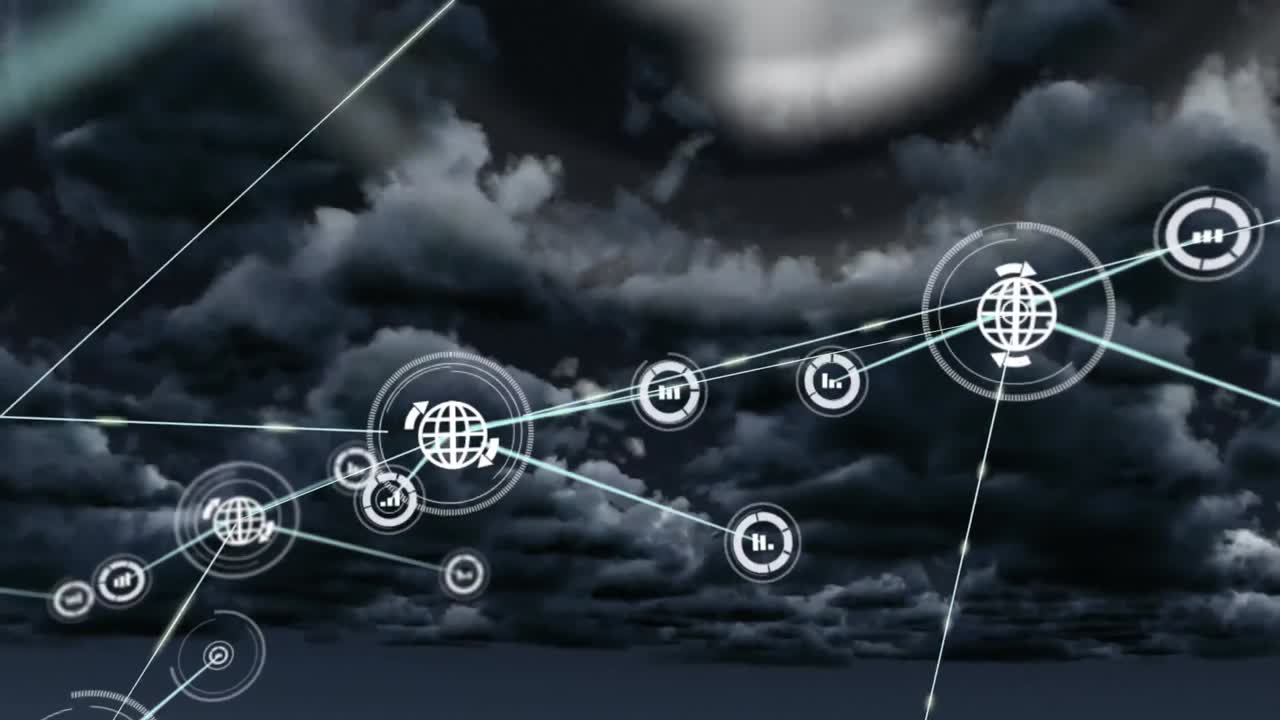 Animation af netværk af forbindelser med ikoner over himlen.