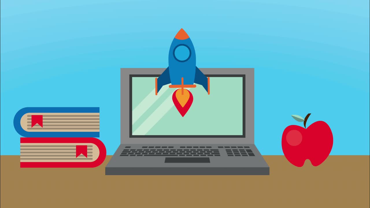 school books with laptop animation