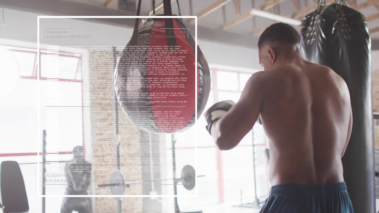 Boxer training with punching bag, data processing animation overlaying scene