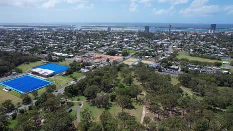 musgrave park and keith hunt park in musgrave avenue, southport, queensland, australia. aerial drone shot