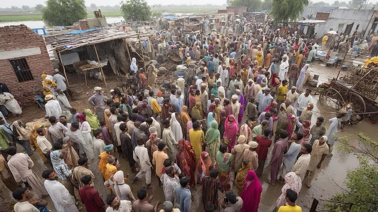 Crowd gathered at a market in rural area during daytime hours