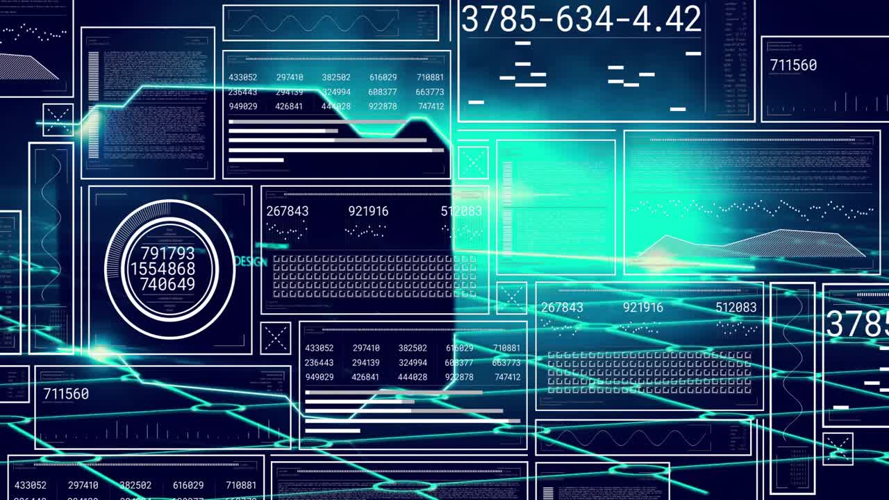 Light sweeping interface panels sliding numeric display changing text fading visualizing data
