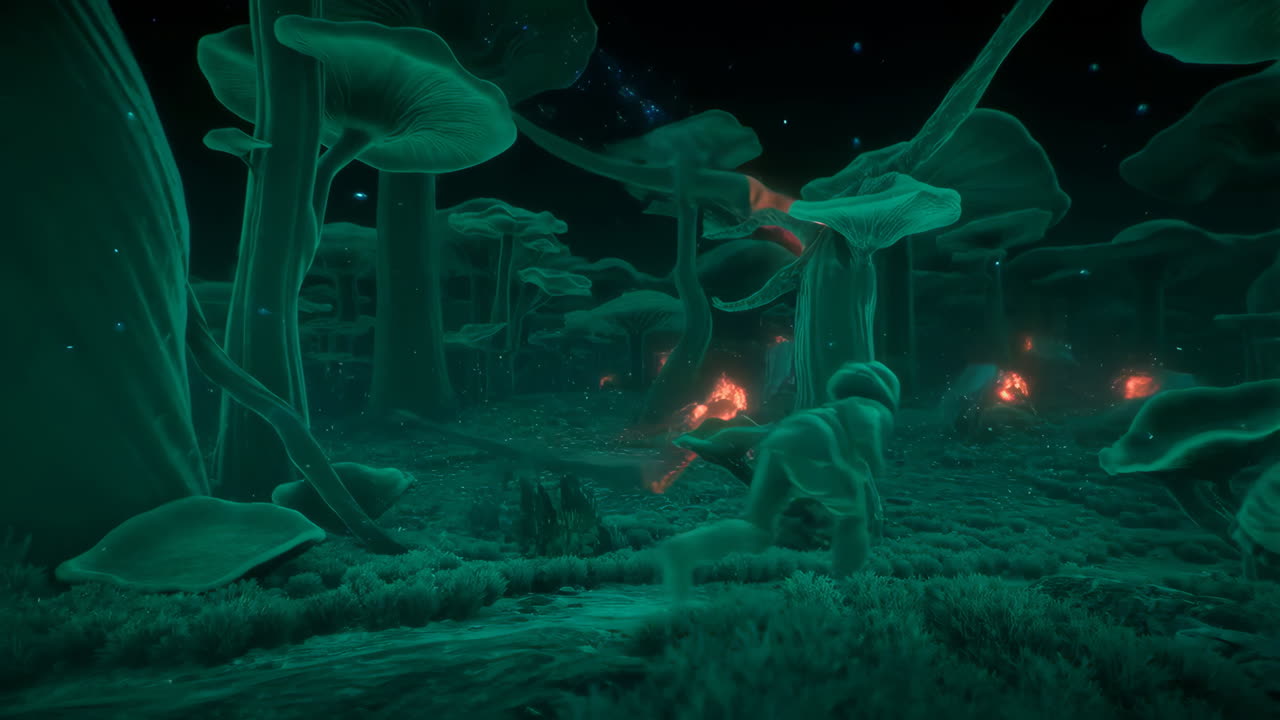 En mystisk bioluminescent skog med gigantiske glødende sopper og en ensom skikkelse