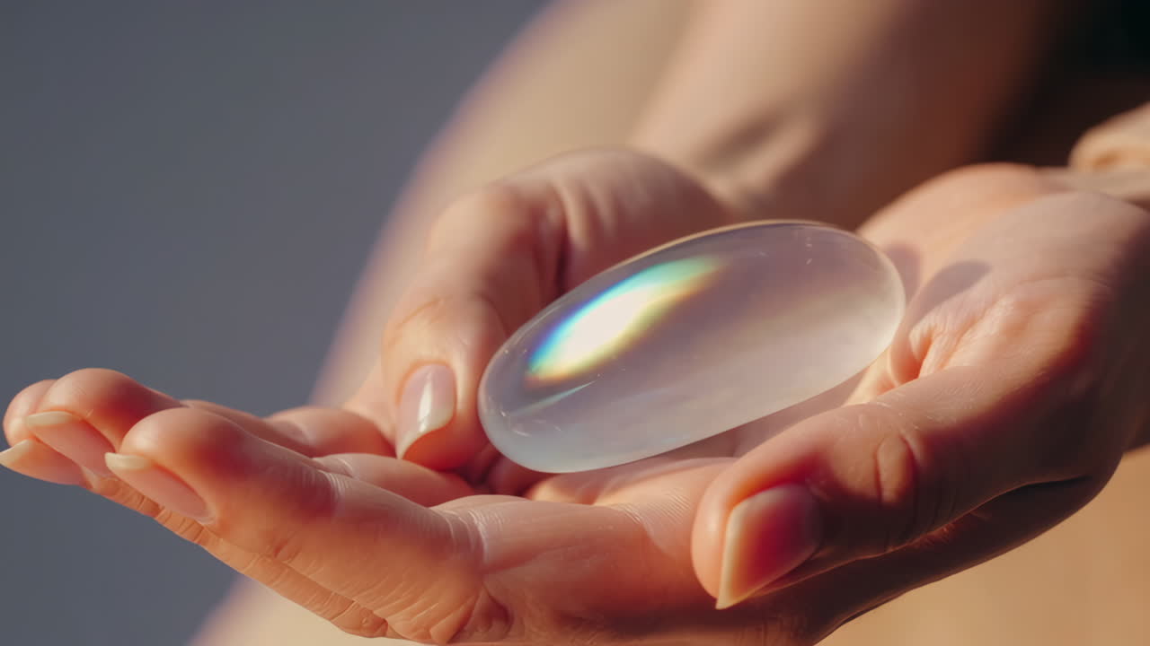 Woman holding iridescent crystal
