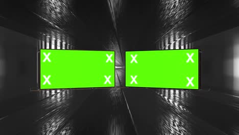 túnel creativo abstracto y pantalla verde modelo de cartelera del canal alfa. neón, bares y tecnología de led púrpura azul, ciencia ficción, renderizado cyberpunk futurista en 3d con marco en blanco.