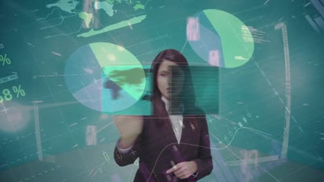 Animation-of-businesswoman-using-touchscreen-interface-with-graphs-and-processing-data