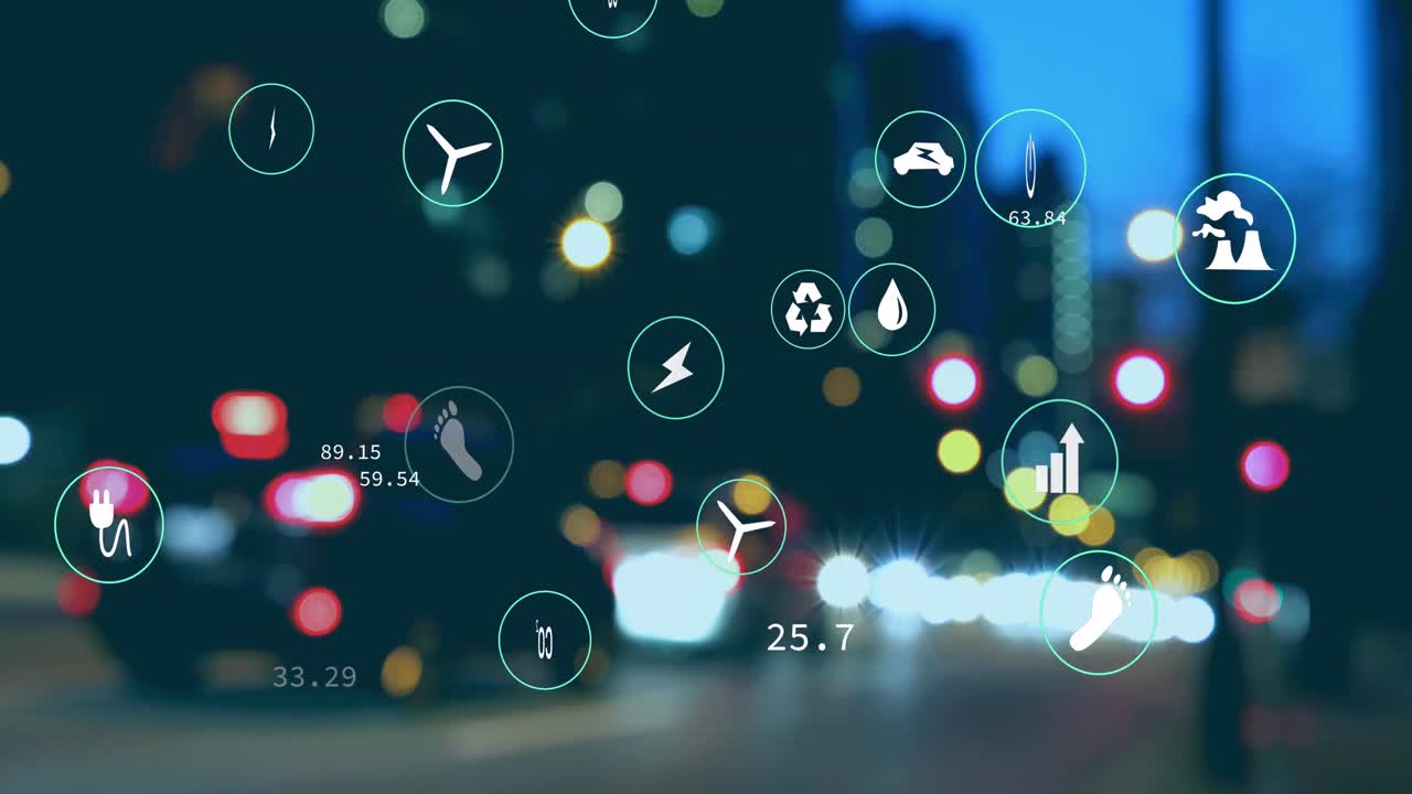 디지털 아이콘의 애니메이션과 도로에 있는 자동차에 대한 데이터 처리