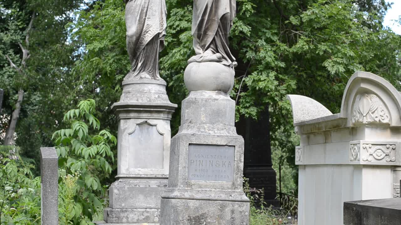 Statua sullo sfondo di alberi. Leopoli, Ucraina. Cimitero di Lychakiv, il complesso monumentale storico e commemorativo (dal 1991) a Leopoli, nel quartiere storico di Lychakiv, uno dei cimiteri più antichi dell'Ucraina