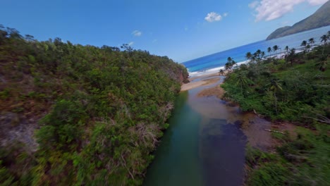 Drone-Fly-Over-Rio-San-Juan-And-Playa-El-Valle-Beach-In-Samana-In-The-Dominican-Republic