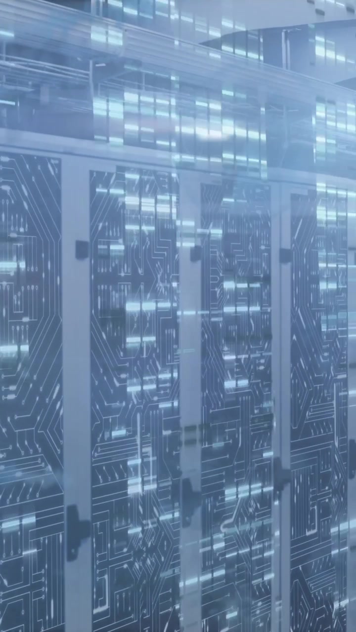 Animation of data processing and mathematical equations against computer server room