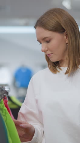 mujer navegando a través de coloridos estantes de ropa en una tienda minorista, inspeccionando prendas de vestir vibrantes con enfoque y precisión, entorno comercial brillantemente iluminado