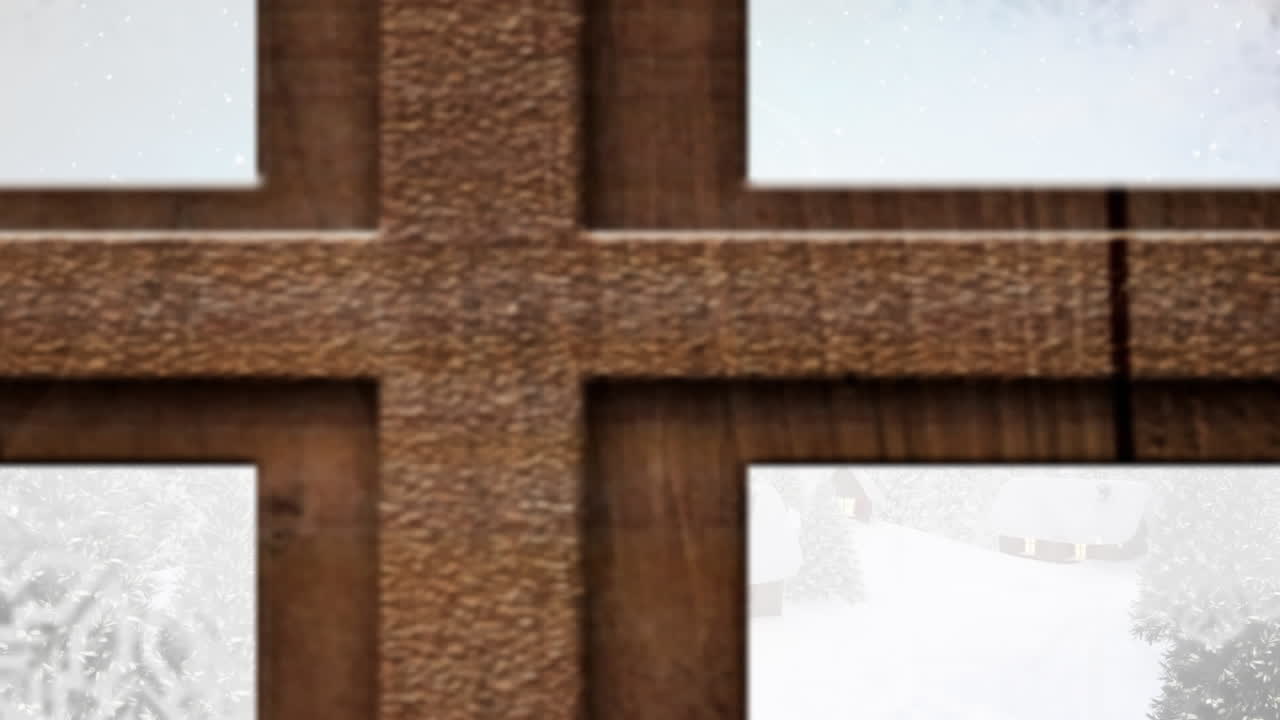 animación del paisaje de invierno y las casas vistas a través de la ventana