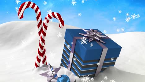 Animation-Von-Zwei-Weihnachtlichen-Zuckerstangen-Und-Geschenken-über-Einer-Winterlandschaft,-Gesehen-Durch-Das-Fenster