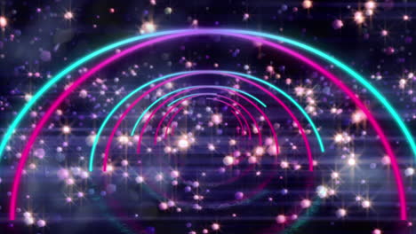 animación digital de círculos de neón en movimiento sin fisuras y múltiples estrellas brillantes sobre fondo negro