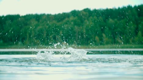 View-of-a-kid-swimming-in-a-countryside-lake-with-a-forest-background