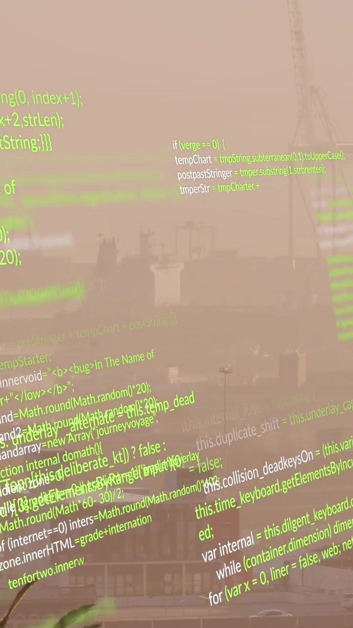 Animation of looping computer language over fog covered modern city against sky