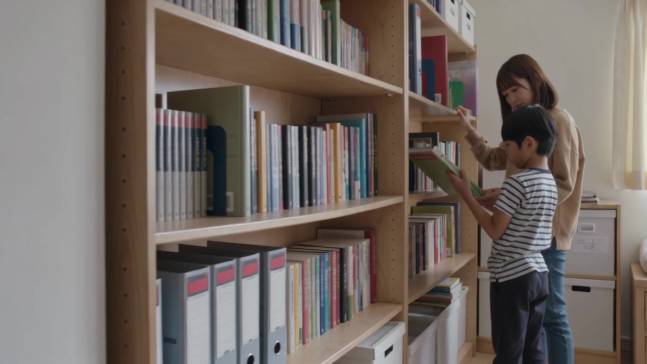 Una donna e uno scolaro entrano nell'inquadratura, raggiungendo un'alta libreria a casa, tenendo un libro verde, con spazio per il testo.