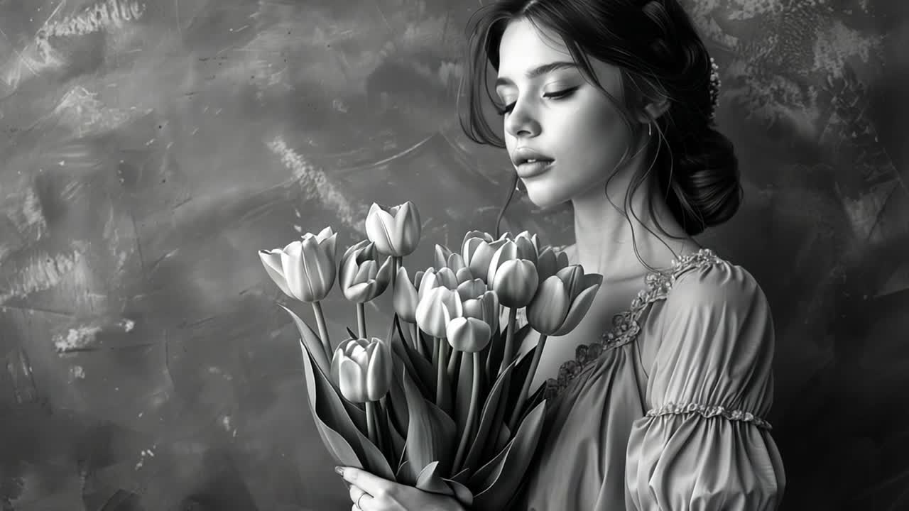 Elegant Woman with Tulips in Black and White