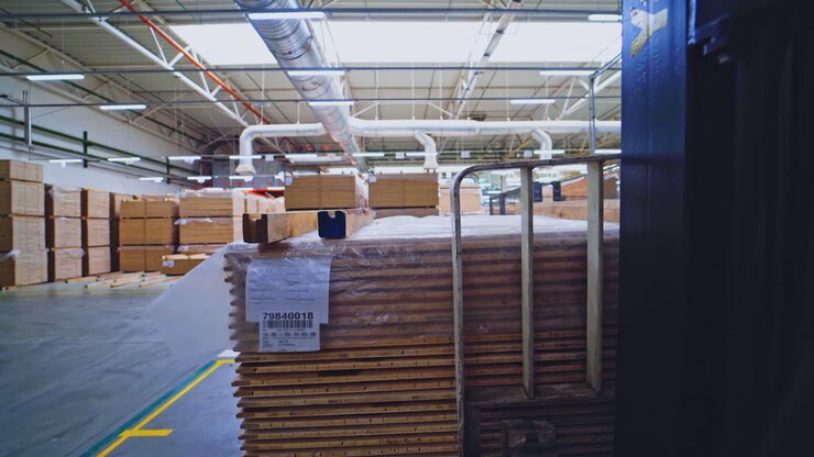 Interior of parquet warehouse. Forklift carrying wooden boards. Stacks of laminate panels inside the plant. Furniture production.