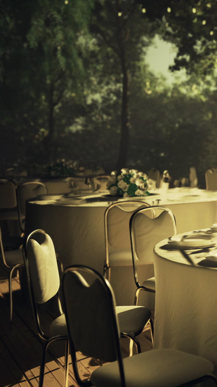 Elegant outdoor dining setup with tables and chairs in a garden