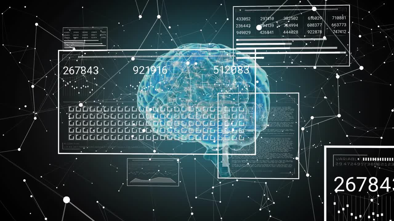 Blue brain hologram appearing, overlay sliding, grid emerging, panels updating, showing scanning