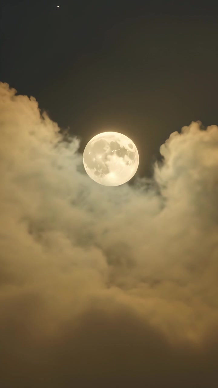 Vídeo vertical: Nuvens baixas se deslocando revelando a lua cheia no céu noturno, com o vento levantando as bordas e árvores.
