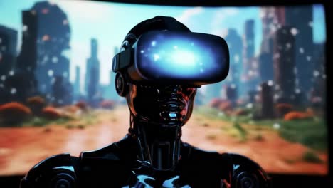 futuristic robot engaged in virtual reality experience amidst a sci-fi landscape, demonstrating the intersection of technology and imagination in a dystopian world