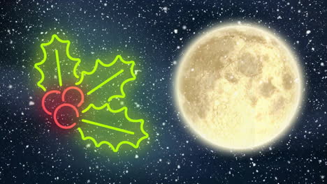 Animation-Von-Heiligem-Neon-über-Vollmond-Im-Winterlandschaftshintergrund