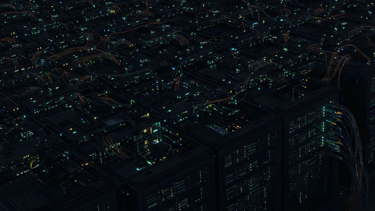 A Mesmerizing Journey Through a Futuristic Data Landscape Illuminated by Flickering Lights and Flowing Cables, Showcasing the Intricate Web of Connectivity in Modern Technology