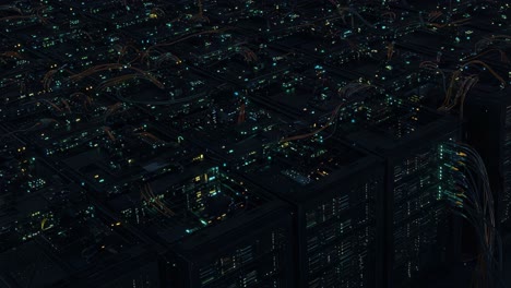 a mesmerizing journey through a futuristic data landscape illuminated by flickering lights and flowing cables, showcasing the intricate web of connectivity in modern technology