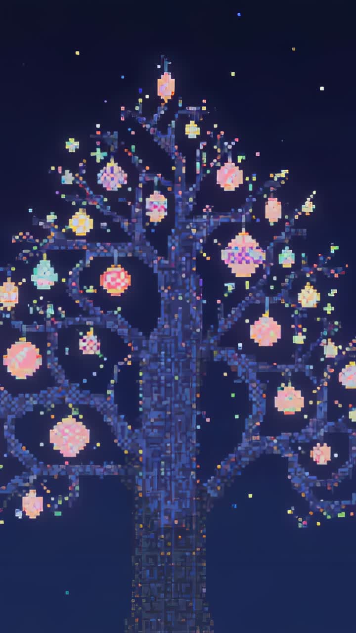 Vertical video: Starting pixel tree with pastel ornaments pulsing lights, drifting pixels at night