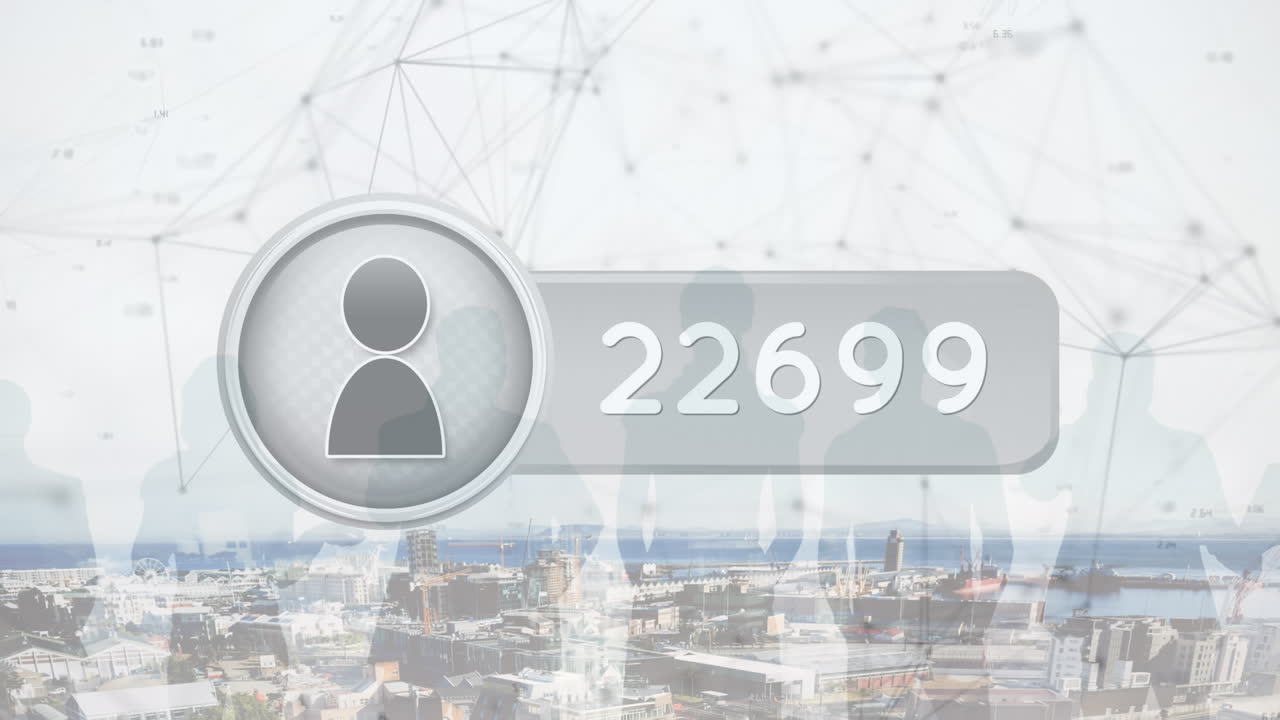 도시 풍경 위의 미디어 아이콘과 연결 네트워크의 애니메이션