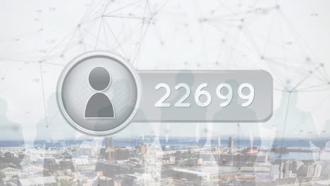 animation of network of connections with media icon over cityscape