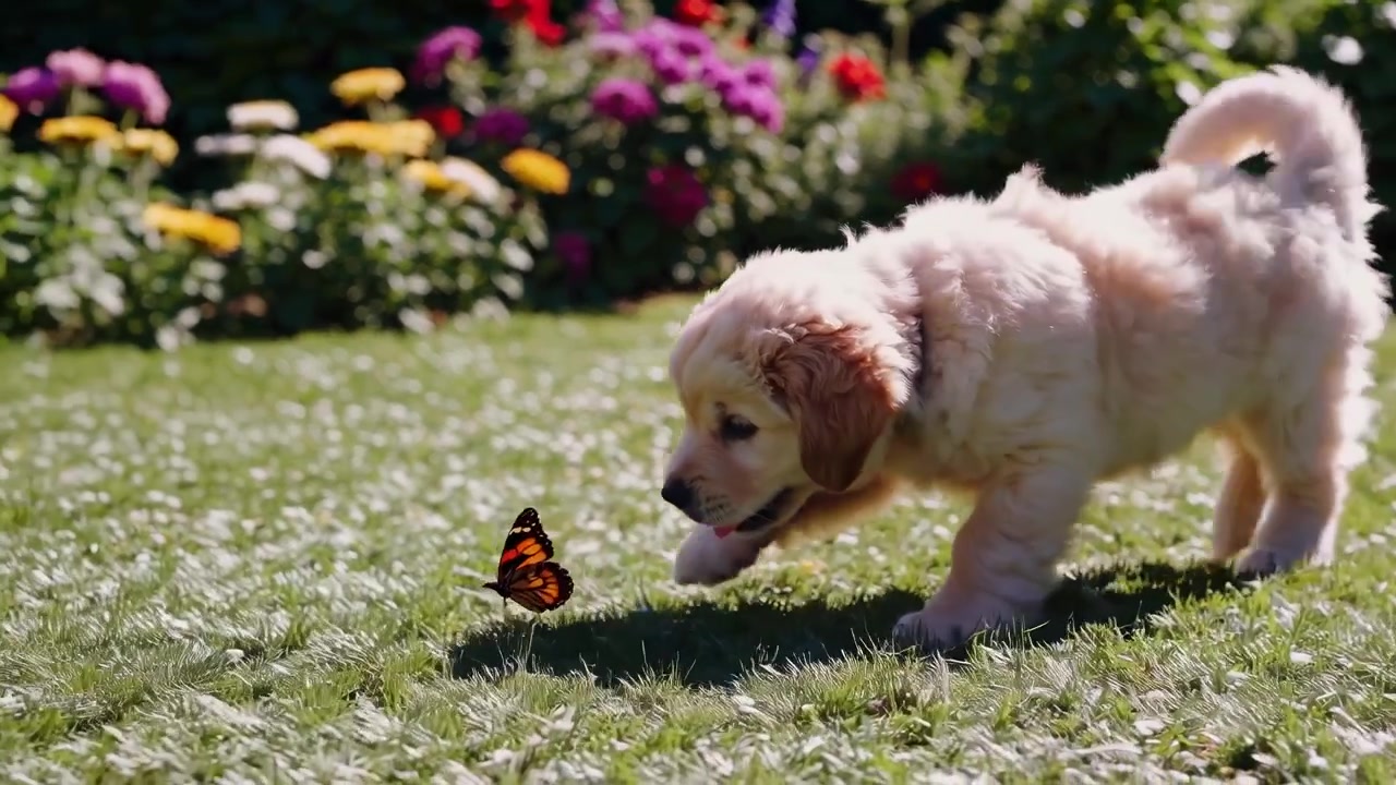 Cucciolo di Golden Retriever che gioca con una farfalla in un giardino