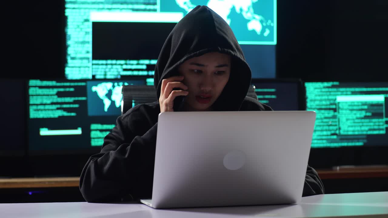 Asian Female Hacker In A Hood Talking On Smartphone While Works On A Laptop With Maps And Data On Display Screens Of Multiple Monitors In A Dark Office Room