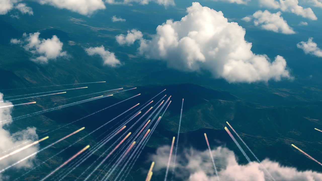 Meteors streaking above green mountains