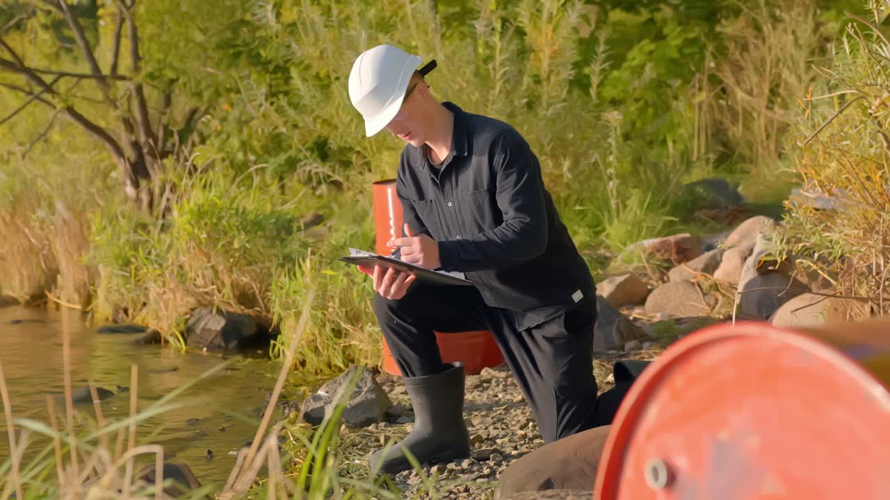Person tests water quality near a river for pollution in nature setting