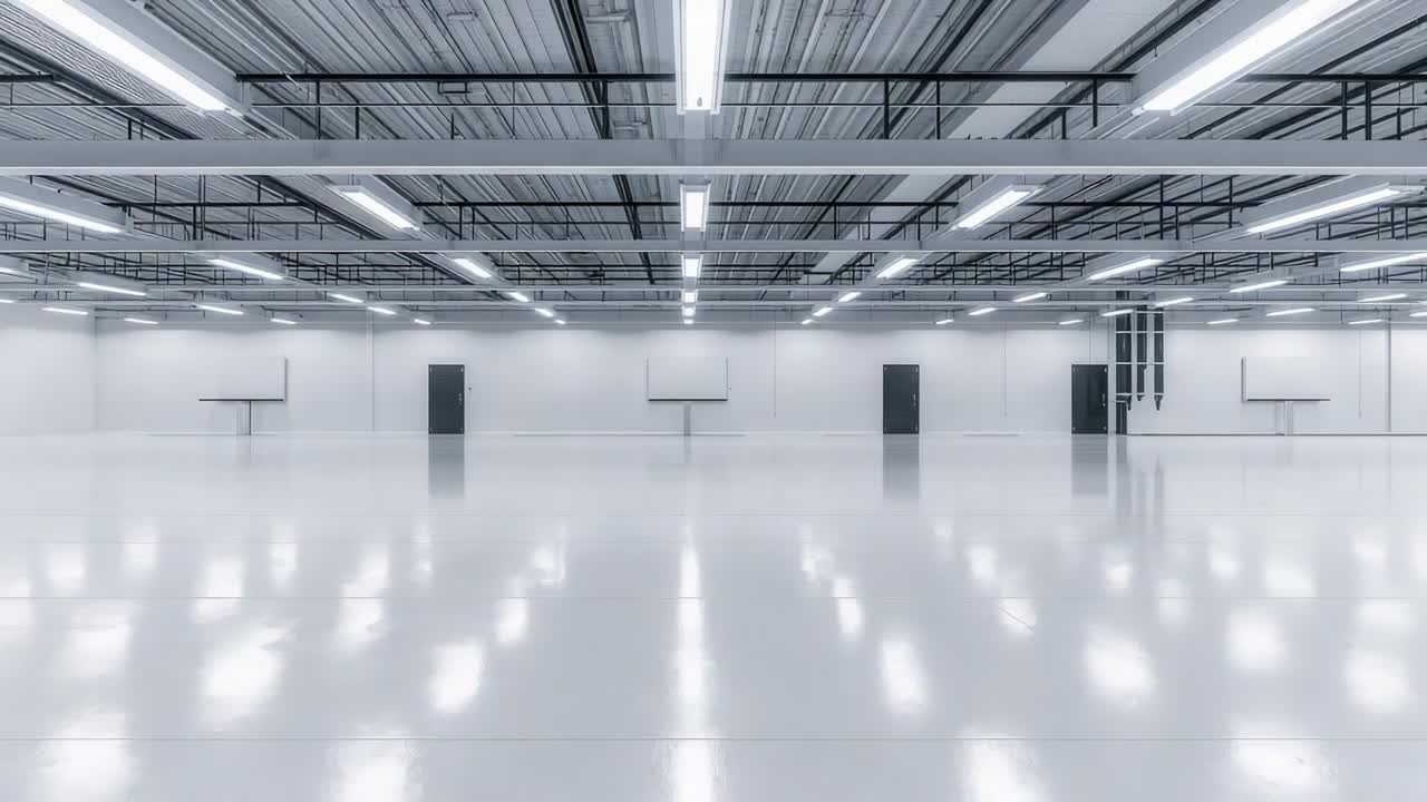 Moving camera revealing empty industrial hall in studio, emphasizing fluorescent lights reflections