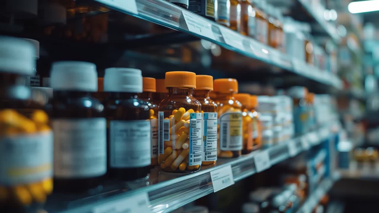 Pharmacy shelves filled with medications