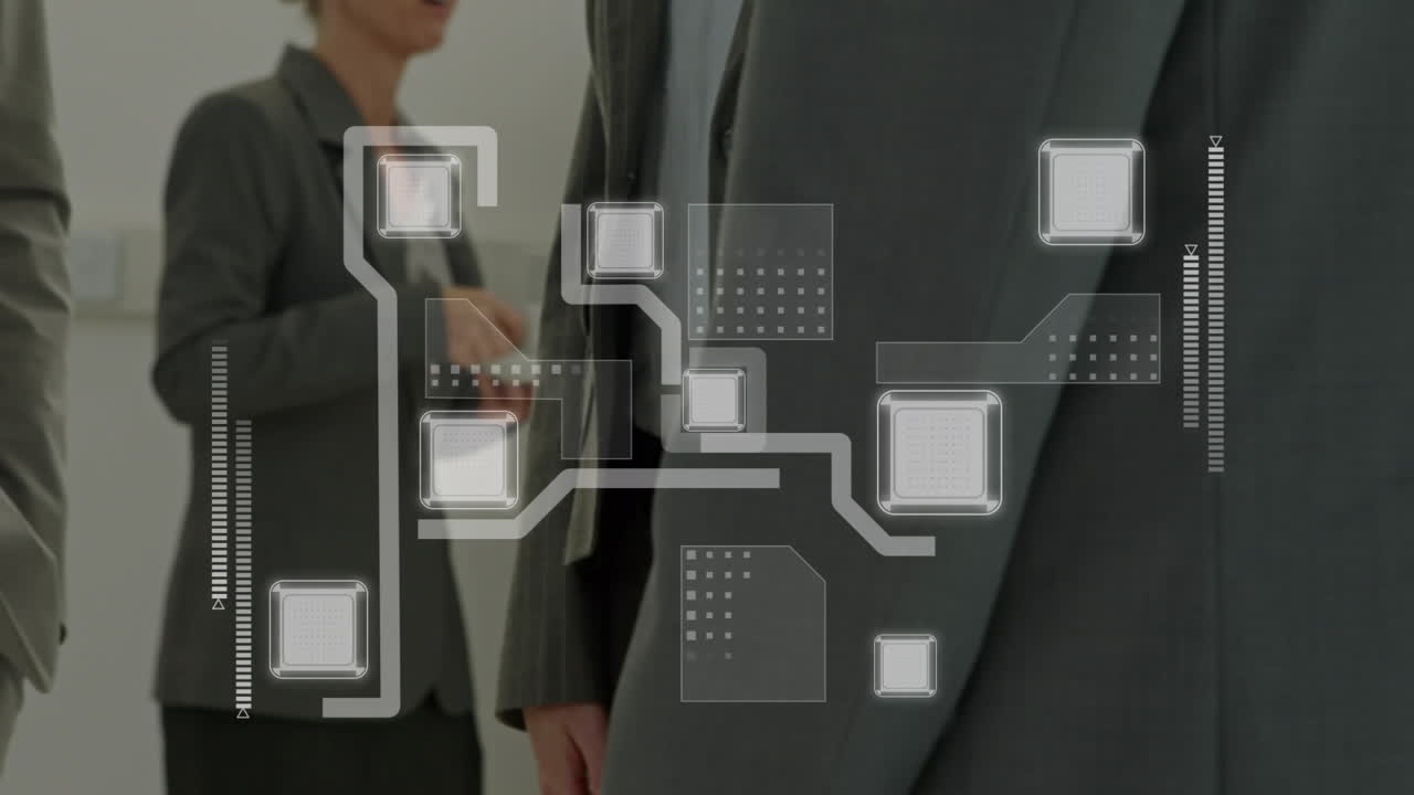 사무실에서 손을 흔드는 사업가들의 중간 섹션에 대한 디지털 인터페이스 레이아웃