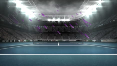 animation of purple light trails falling over sports stadium