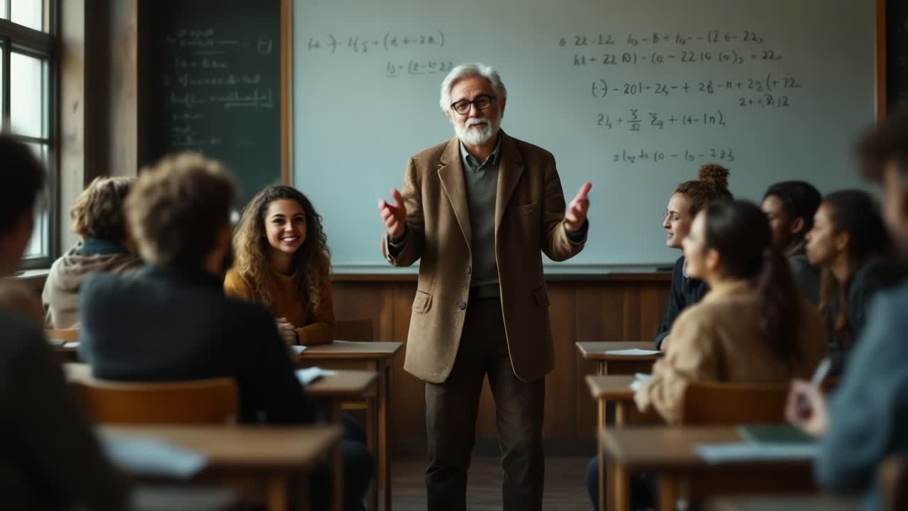 A male professor teaching a diverse group of students in a classroom