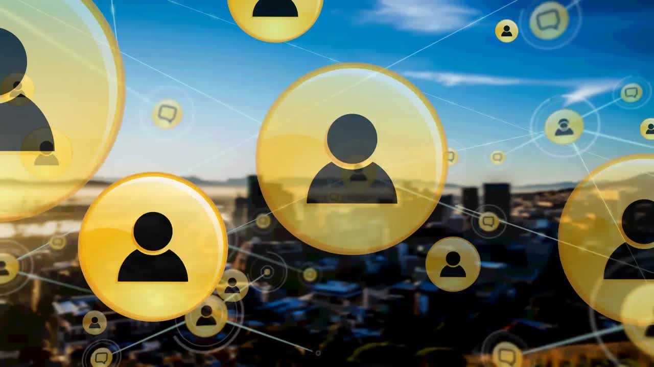 Animation of network of connections with icons over cityscape