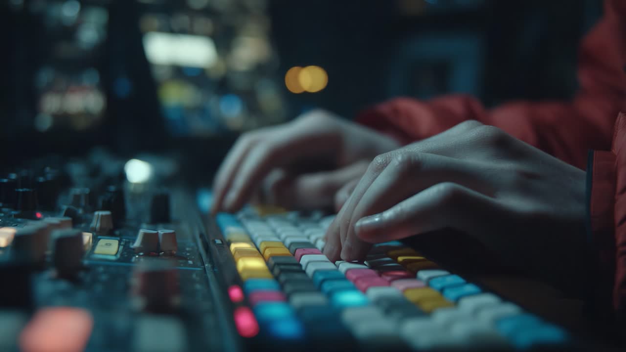 A Close-Up View of Skillful Hands Operating a Colorful Control Panel in a Dimly Lit Environment, Showcasing the Art of Video Production and Editing Techniques