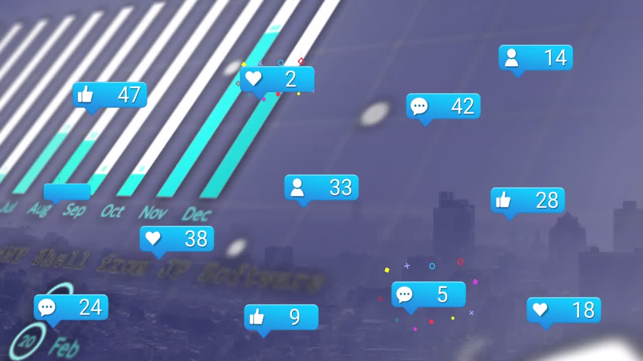 animación de iconos de redes sociales con números crecientes y procesamiento de datos financieros en el paisaje urbano