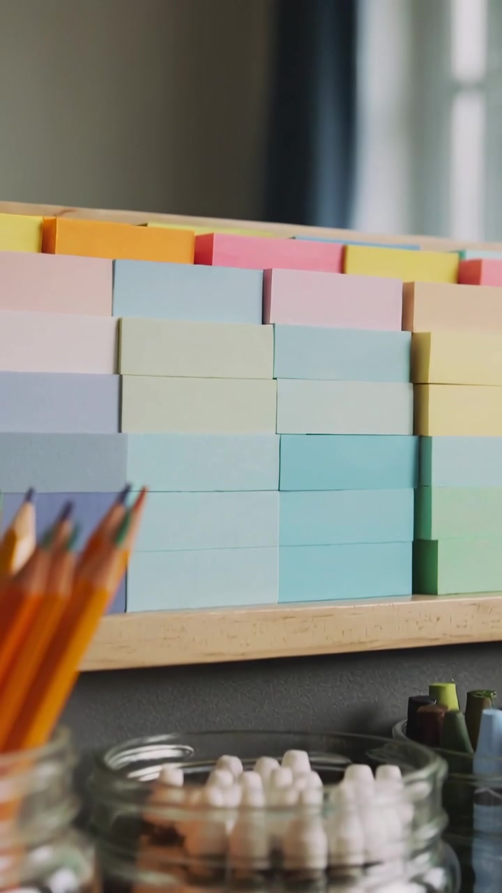 Vídeo vertical: Câmera recuando, revelando blocos de notas pastel em uma prateleira com potes de vidro, lápis e giz.